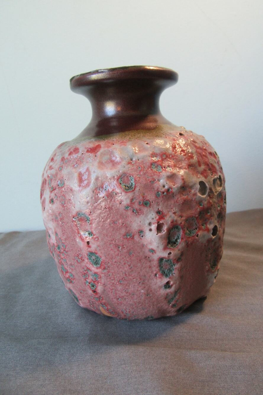 Handcrafted Pottery Vase Textured Surface Pink Brown Signed 6 Inches